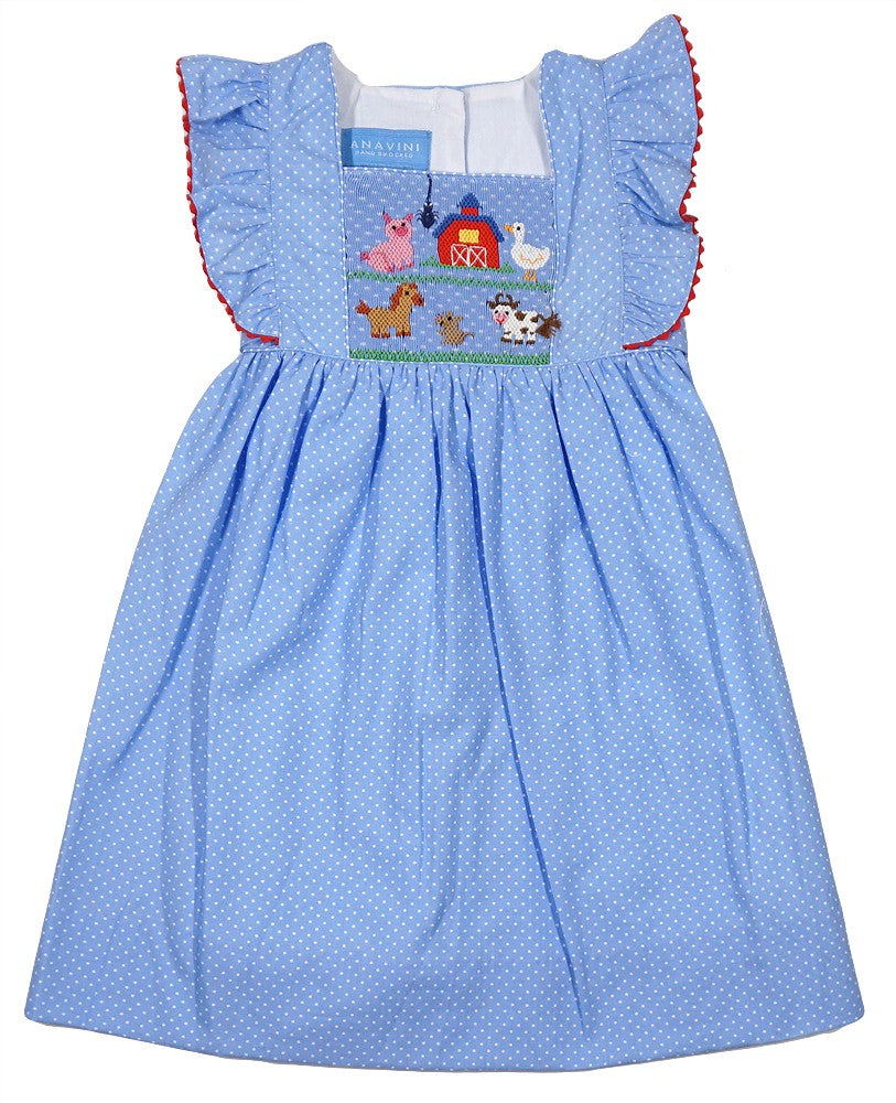 Anavini Girls Blue / White Dots Smocked Farm Dress - Ruffle Pinafore - Sash in Back