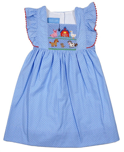 Anavini Girls Blue / White Dots Smocked Farm Dress - Ruffle Pinafore - Sash in Back
