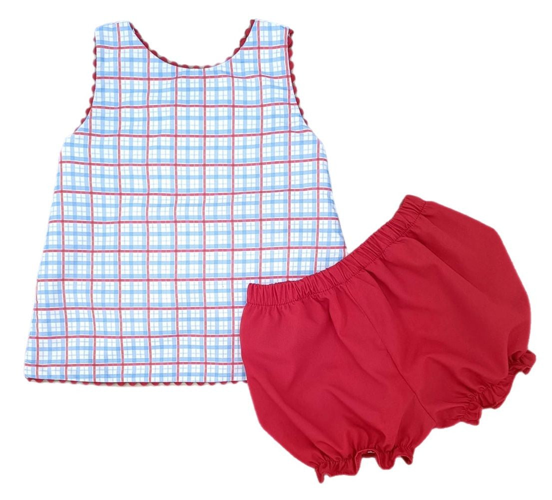 James & Lottie Girls Sammy Cross Back Bloomers Set - Patriotic Plaid