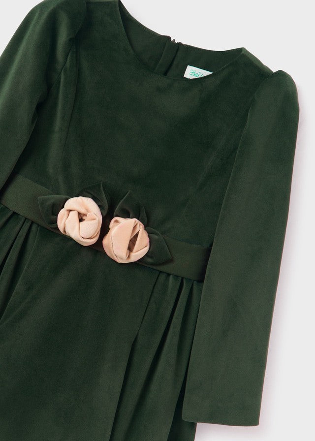 Abel & Lula Girls Velvet Christmas Dress - Roses at Waist - Green