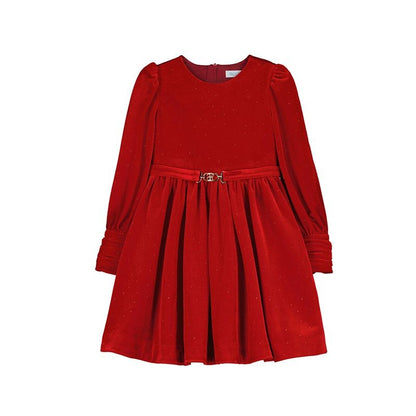 Abel & Lula Girls Belted Velvet Sparkle Holiday Party Dress - Red