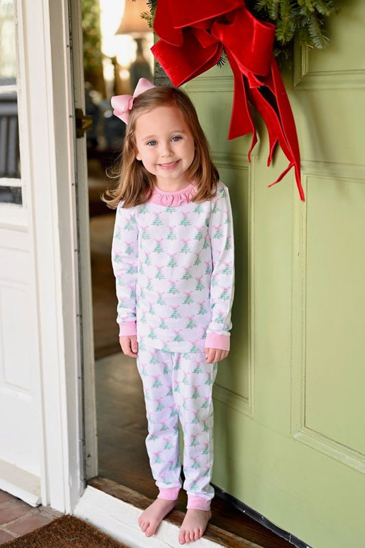 James & Lottie Two Piece Girls Pink Christmas Tree Jammies