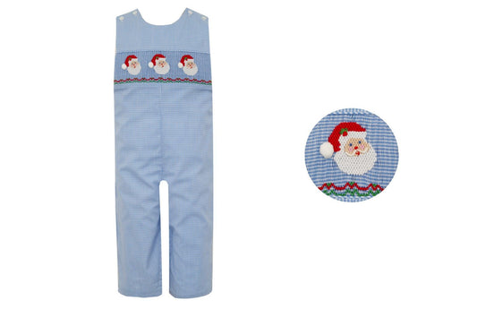 Anavini Velani Boys Blue Gingham Longall - Smocked Santa Faces