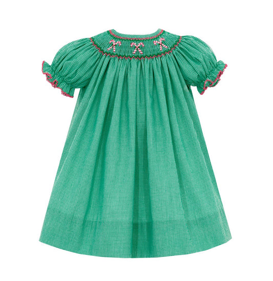 Petit Bebe Girls Green Gingham Smocked Candy Canes Bishop Dress