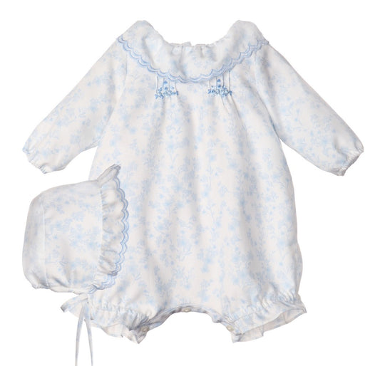 Luli & Me Baby Girls Bubble with Bonnet - Blue English Floral