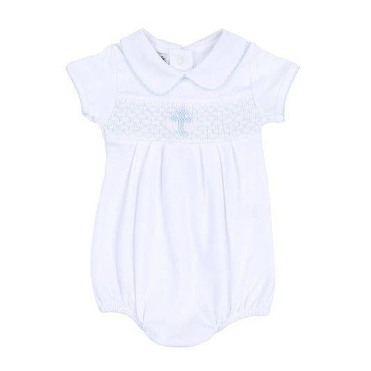 Magnolia Baby Boys Blessed Smocked Blue Cross Bubble