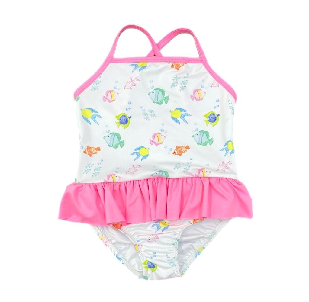 James & Lottie Girls Lainey Skirted Swimsuit - Pink O'Fishally Fish Print