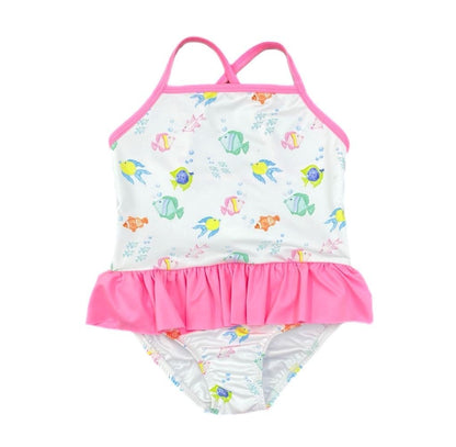 James & Lottie Girls Lainey Skirted Swimsuit - Pink O'Fishally Fish Print
