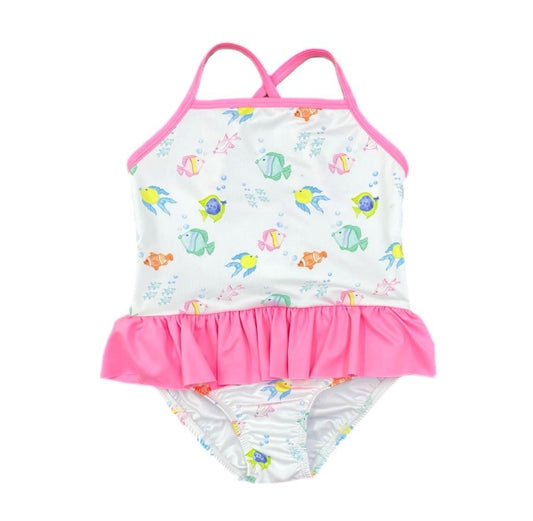 James & Lottie Girls Lainey Skirted Swimsuit - Pink O'Fishally Fish Print by James & Lottie