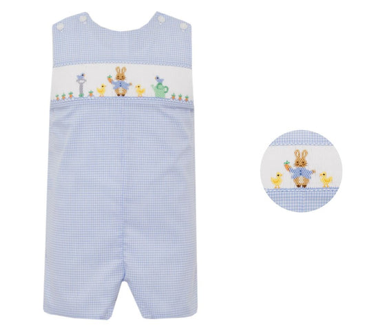 Petit Bebe Boys Blue Gingham Smocked Peter Rabbit Jon Jon