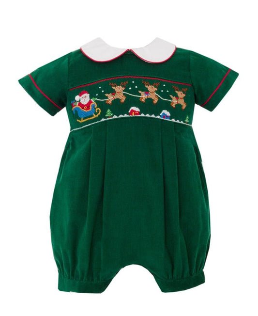 Anavini Baby Boys Green Corduroy Bubble - White Collar - Smocked Santa's Sleigh