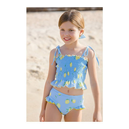 Sal & Pimenta Girls Smocked Bikini Bathing Suit - Blue Lemonade - Yellow Lemons
