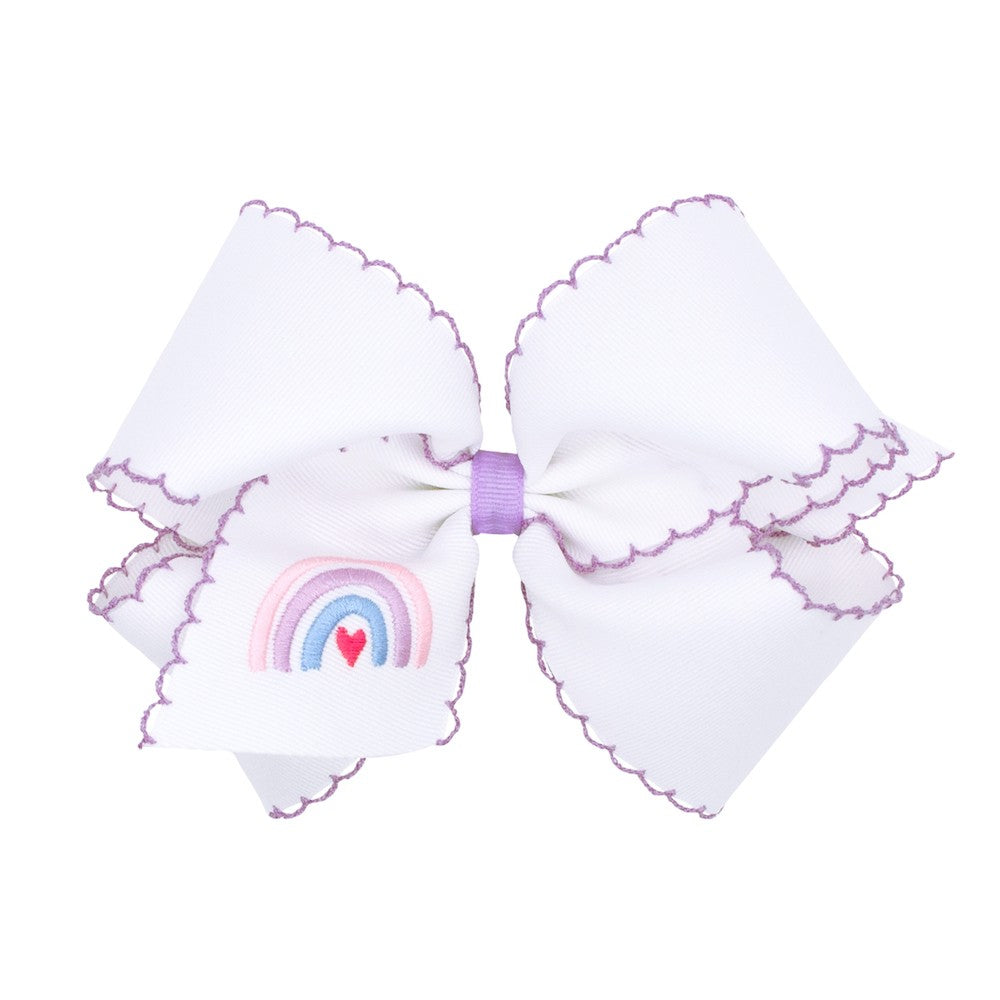 Wee Ones Girls Hair Bow on Clip - White with Lavender Moonstitch - Lavender Rainbow
