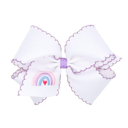 Wee Ones Girls Hair Bow on Clip - White with Lavender Moonstitch - Lavender Rainbow