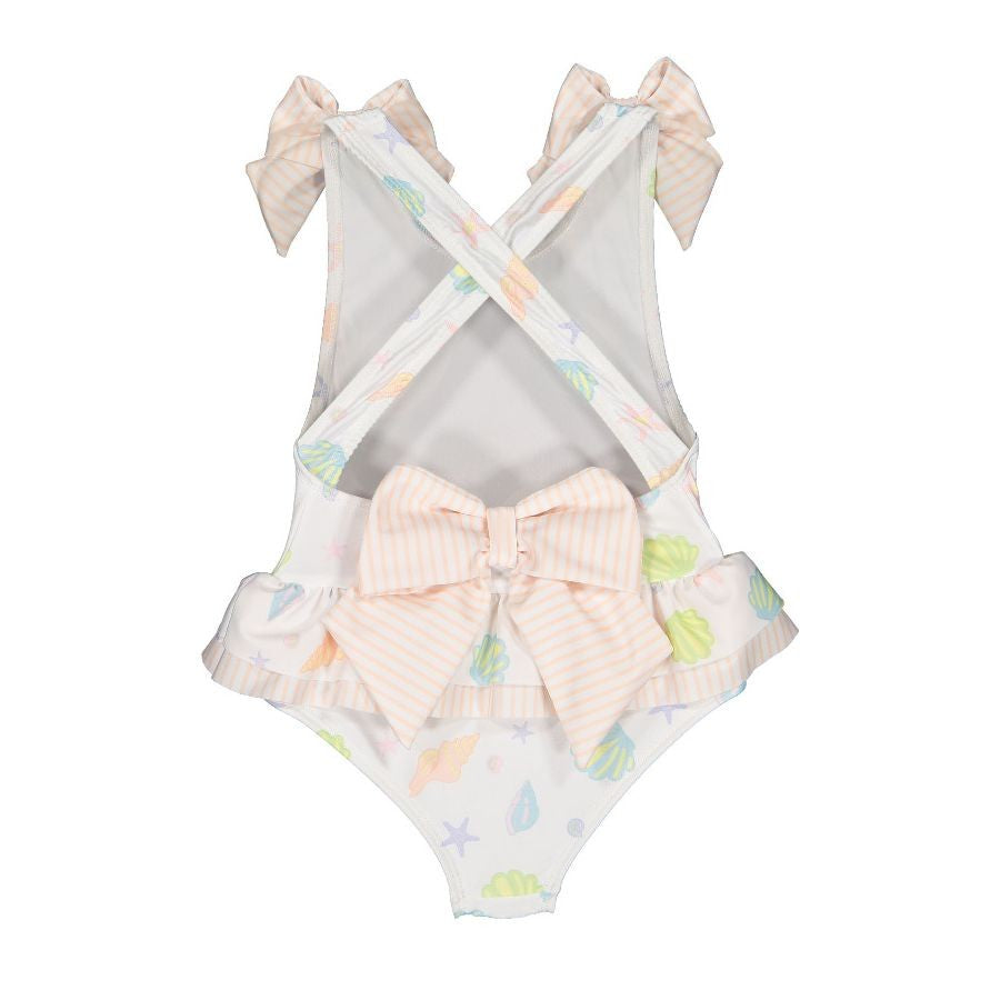 Sal & Pimenta Girls Ruffle One Piece Swimsuit - Seashells - Bows on Shoulders