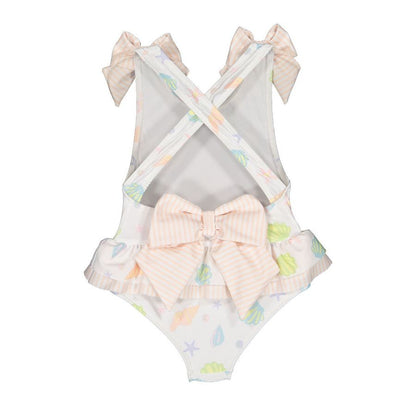 Sal & Pimenta Girls Ruffle One Piece Swimsuit - Seashells - Bows on Shoulders
