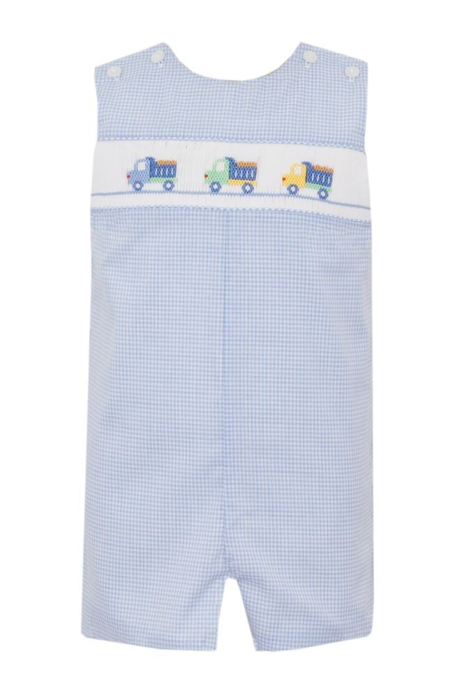 Petit Bebe Boys Blue Gingham Smocked Dump Trucks Jon Jon