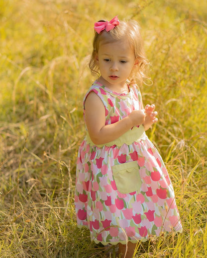 Yellow Lamb Girls Amalie Field of Pink Tulips Dress with Pockets