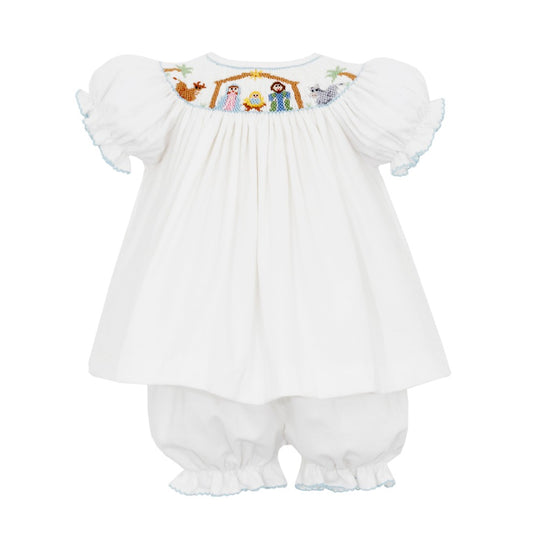 Petit Bebe Baby Girls Winter White Corduroy Bloomers Set - Smocked Nativity Scene