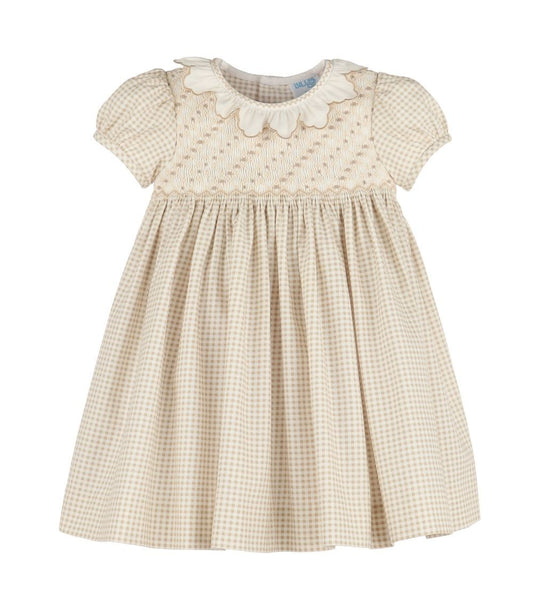 Luli & Me Girls Cottagecore Tan Check Smocked Dress - Ruffle Collar