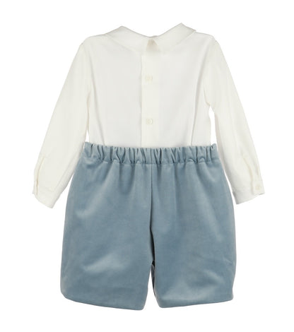 Luli & Me Boys Deluxe Velvet Shorts Set - Embroidery Shirt - French Blue
