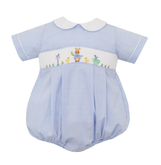 Petit Bebe Baby Boys Light Blue Gingham Smocked Peter Rabbit Bubble