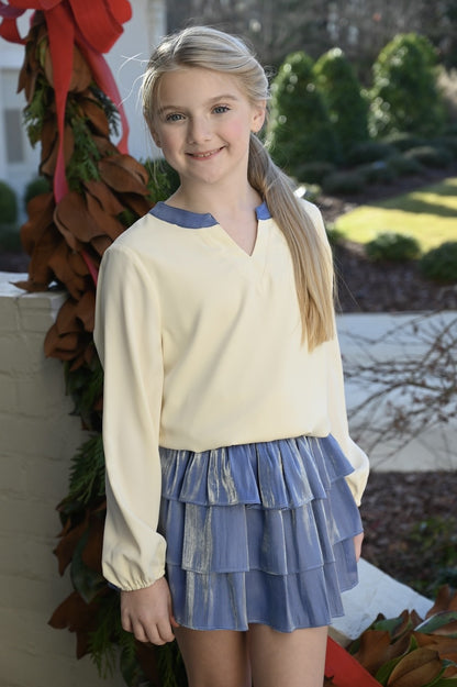 pleat Collection Girls Milly Top - Cream with Blue Trim