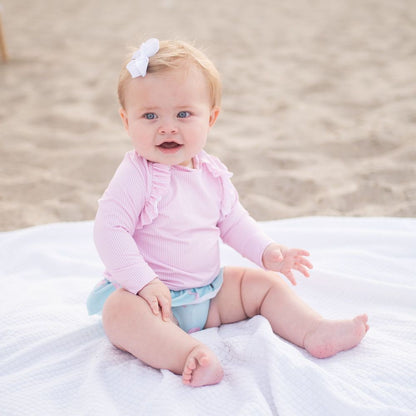 James & Lottie Girls Charlotte Rash Guard Swim Set - Pink Stripe Top with Flamingo Print Ruffle Bottoms