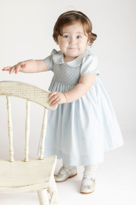 Luli & Me Girls Blue Dress - Fully Smocked Bodice - Peter Pan Collar