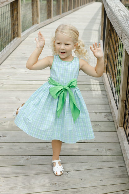 Bailey Boys Girls Sleeveless Dress with Sash - Green Dover Plaid