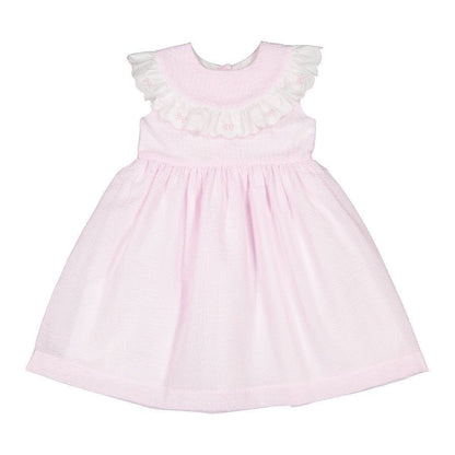 Sal & Pimenta Girls Pink Seersucker Dress - Scallop Collar with Embroidered Bows
