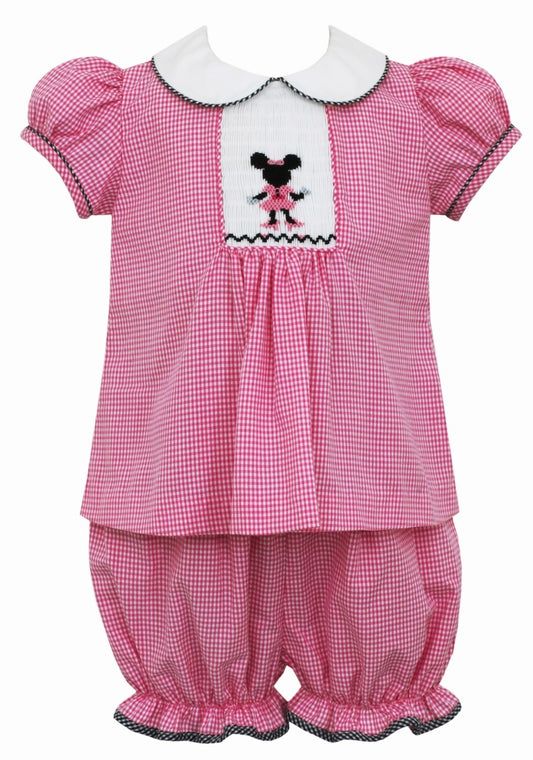 Anavini Girls Pink Check Dress Bloomers Set - Smocked Minnie Mouse
