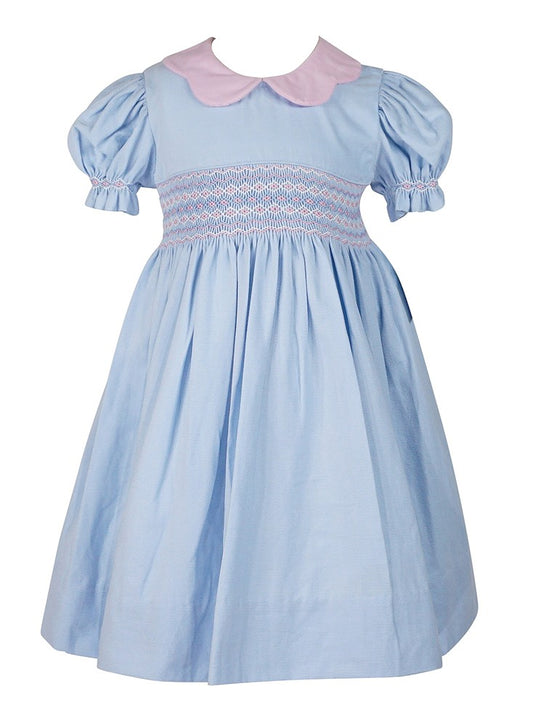 Anavini Couture Girls Blue Corduroy Smocked Float Dress - Pink Scallop Collar - Pink Butterfly Sash in Back