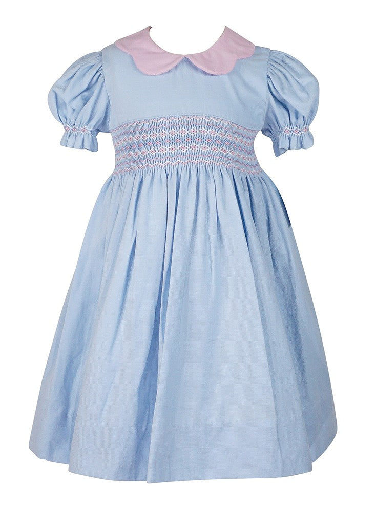 Anavini Couture Girls White Pique Dress - Scallop Collar - Fully Smocked Bodice