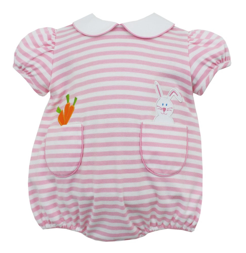Claire & Charlie Baby Girls Bubble - Pink Striped Knit Easter Bunny with Carrot