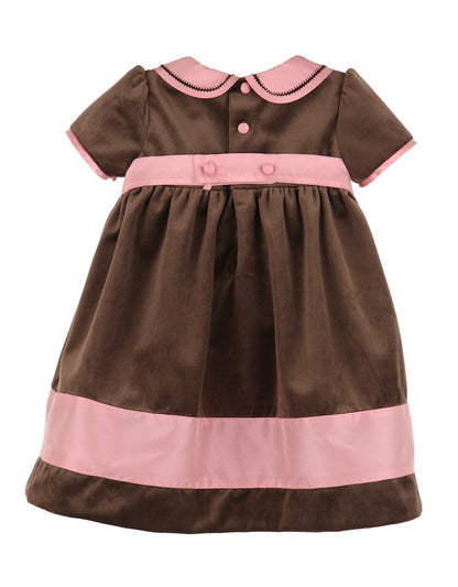Luli & Me Girls Velvet Dress - Cocoa Brown - Pink Collar & Trim