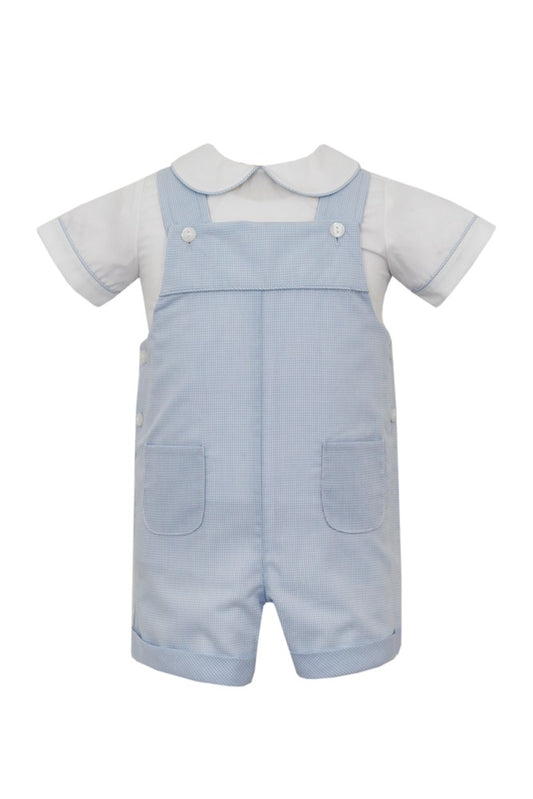 Anavini Boys Light Blue Tiny Gingham Pocket Shortall with Shirt