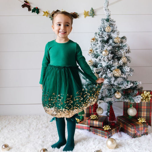 Sweet Wink Girls Sequin Tutu Christmas Dress - Emerald Green with Gold Sequins