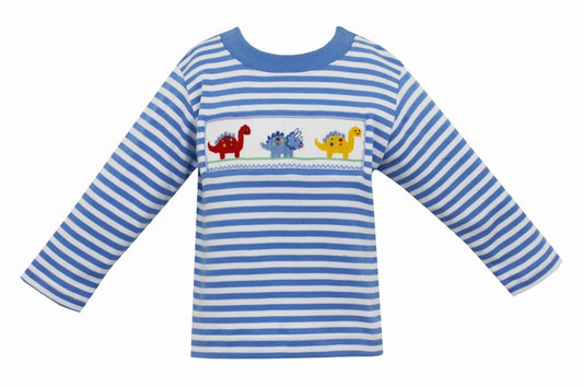 Anavini Boys Periwinkle Blue Striped Shirt - Smocked Dinosaurs