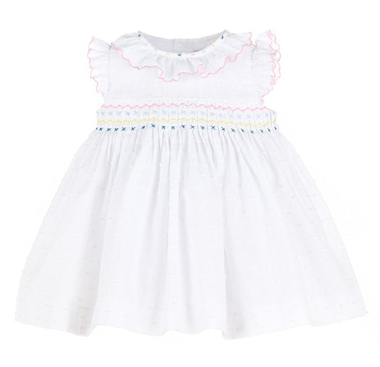 Sophie & Lucas Girls White Bloomy's Dot Pleat Dress - Smocked in Rainbow Colors