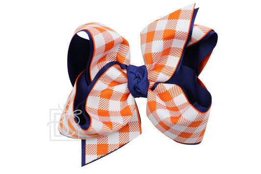 Beyond Creations Girls Layered Bow on Clip - Auburn - Navy Blue with Orange Buffalo Plaid by Beyond Creations