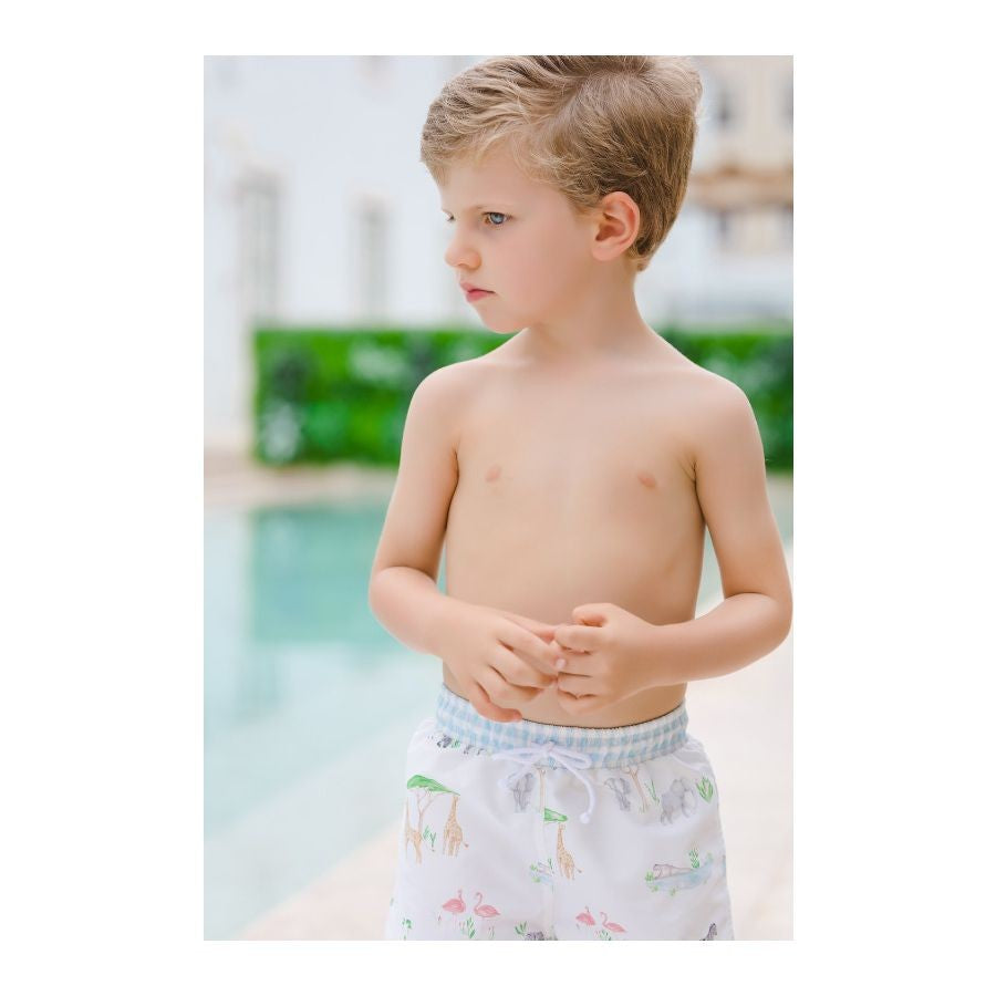Sal & Pimenta Boys Swim Trunks - Blue Gingham Pocket on Back - Safari Animals