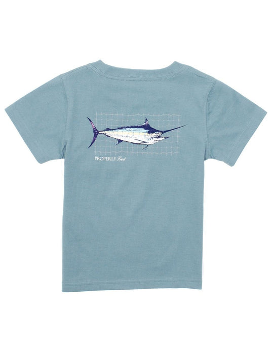 Properly Tied T-Shirt - Logo Pocket on Front - Graphic on Back - Swordfish on Steel Blue by Properly Tied
