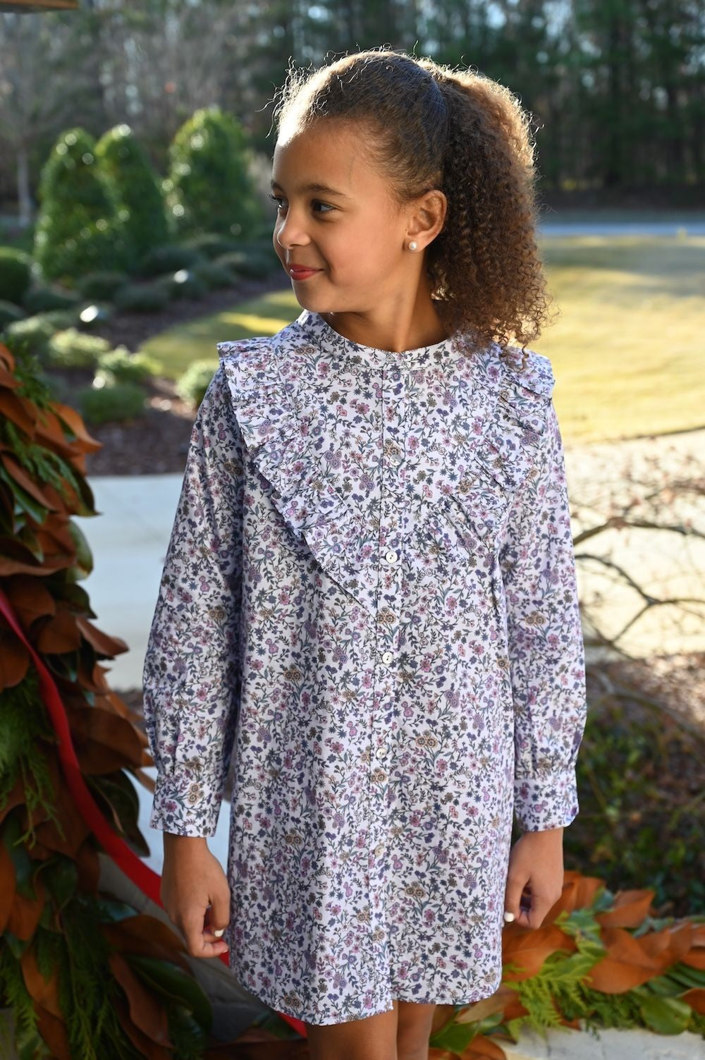 pleat Collection Girls Annie Ruffle Dress - Plum Purple Floral