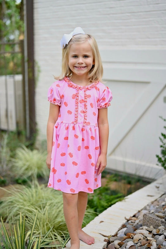 James & Lottie Girls Annie Knit Dress - Pink Pumpkin Print