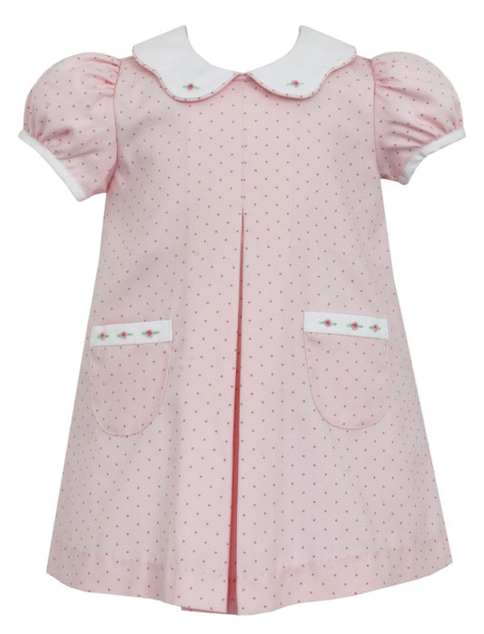 Petit Bebe Toddler Girls Pink Dot Pleat Dress - Scallop Collar & Pockets