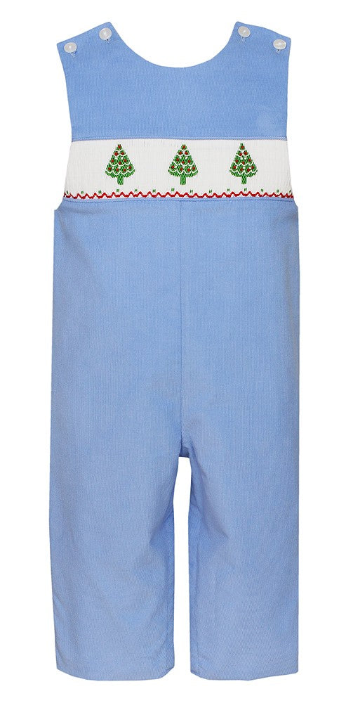 Anavini Baby / Toddler Boys Periwinkle Blue Corduroy Smocked Christmas Trees Longall