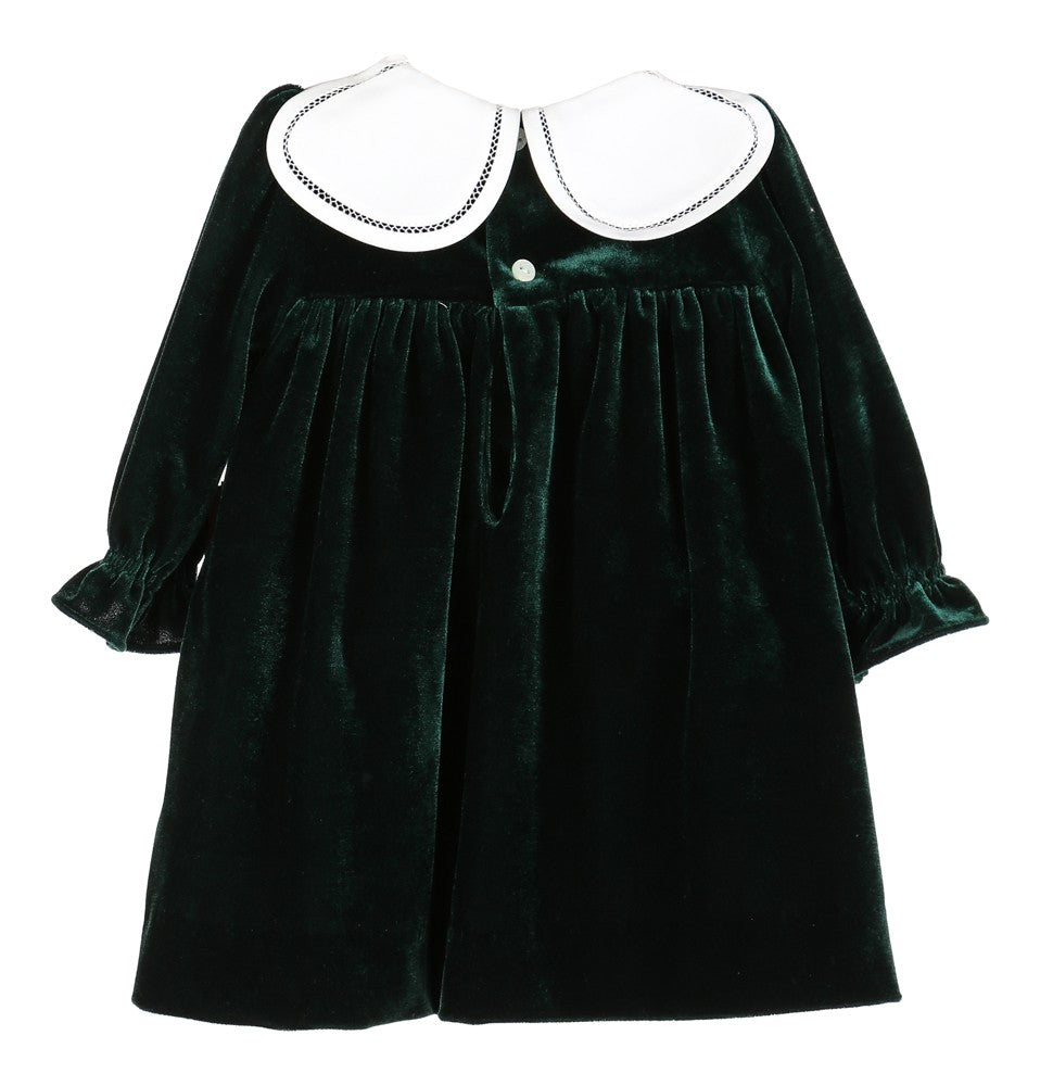 Sophie & Lucas Girls Velvet Christmas Dress with White Petal Collar - Emerald Green