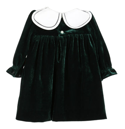 Sophie & Lucas Girls Velvet Christmas Dress with White Petal Collar - Emerald Green