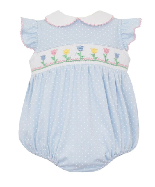 Petit Bebe Knits Baby Girls Blue Dots Smocked Tulips Bubble